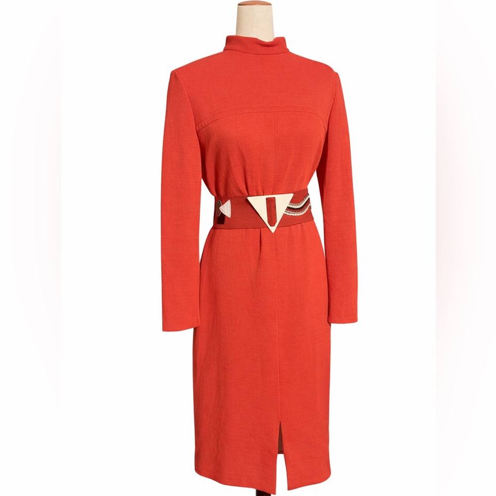 Vintage red polyester long sleeve midi dress- front slit- paired with 80s belt M